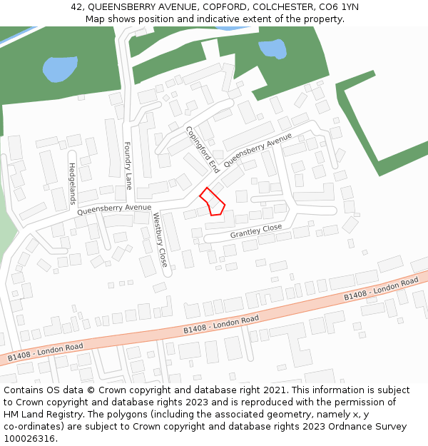 42, QUEENSBERRY AVENUE, COPFORD, COLCHESTER, CO6 1YN: Location map and indicative extent of plot