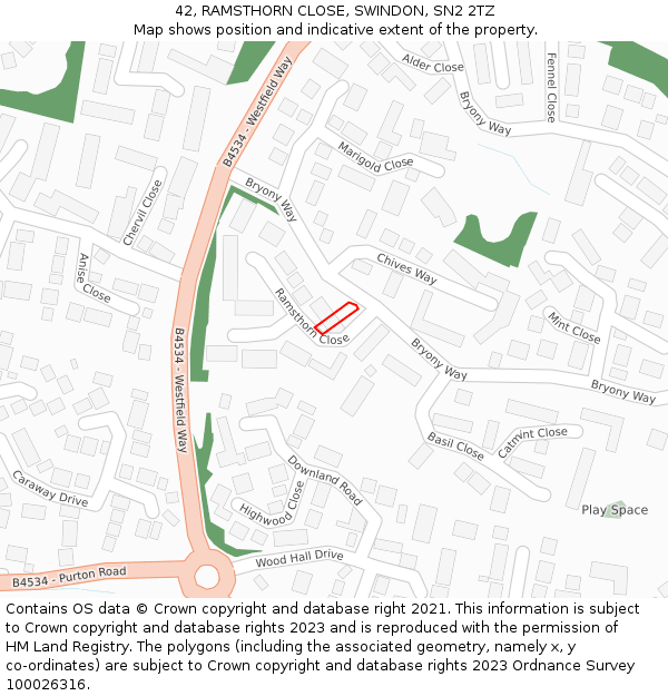 42, RAMSTHORN CLOSE, SWINDON, SN2 2TZ: Location map and indicative extent of plot