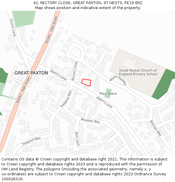 42, RECTORY CLOSE, GREAT PAXTON, ST NEOTS, PE19 6RZ: Location map and indicative extent of plot