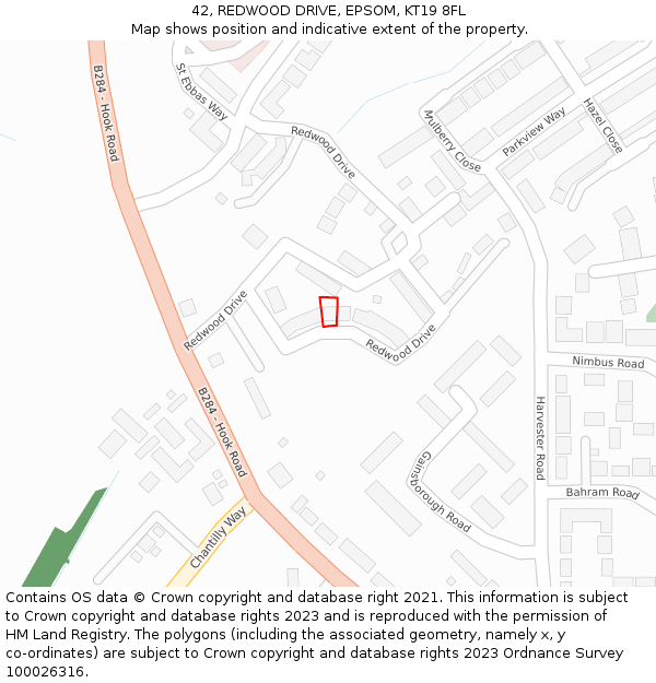 42, REDWOOD DRIVE, EPSOM, KT19 8FL: Location map and indicative extent of plot