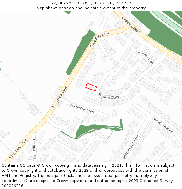 42, REYNARD CLOSE, REDDITCH, B97 6PY: Location map and indicative extent of plot