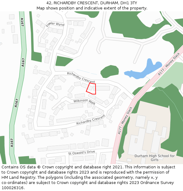 42, RICHARDBY CRESCENT, DURHAM, DH1 3TY: Location map and indicative extent of plot