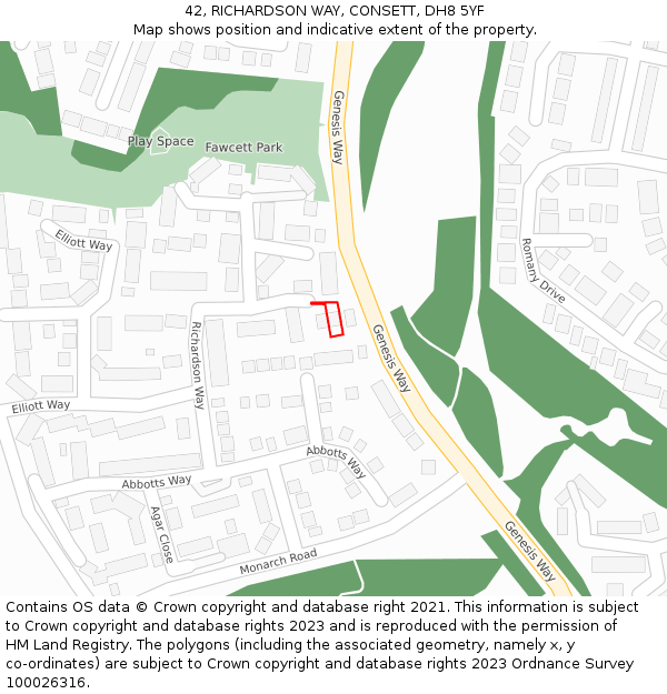 42, RICHARDSON WAY, CONSETT, DH8 5YF: Location map and indicative extent of plot