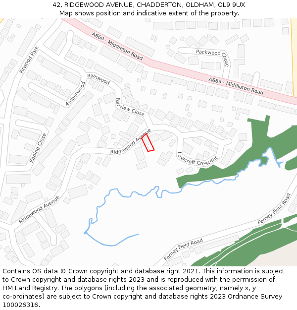 42, RIDGEWOOD AVENUE, CHADDERTON, OLDHAM, OL9 9UX: Location map and indicative extent of plot