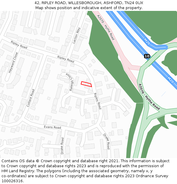 42, RIPLEY ROAD, WILLESBOROUGH, ASHFORD, TN24 0UX: Location map and indicative extent of plot