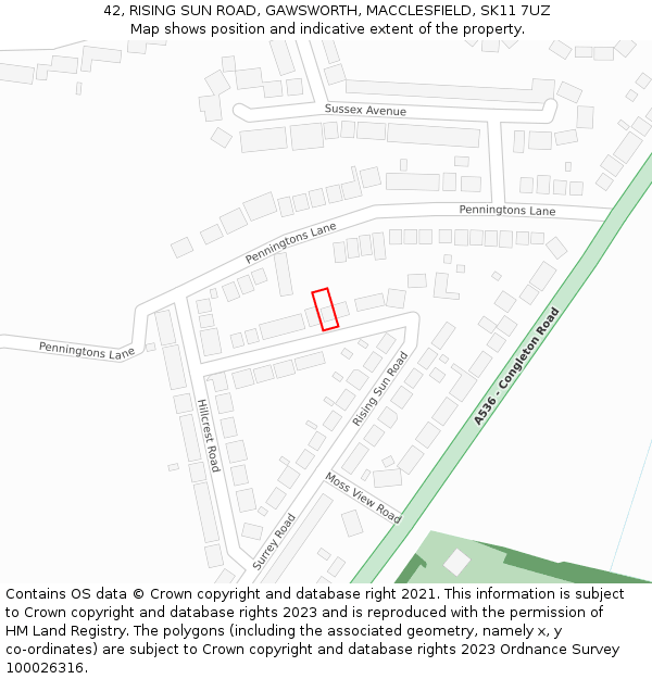 42, RISING SUN ROAD, GAWSWORTH, MACCLESFIELD, SK11 7UZ: Location map and indicative extent of plot