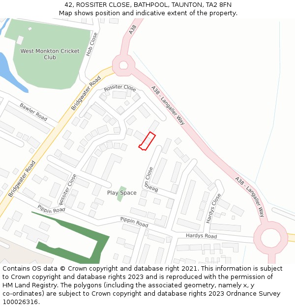 42, ROSSITER CLOSE, BATHPOOL, TAUNTON, TA2 8FN: Location map and indicative extent of plot