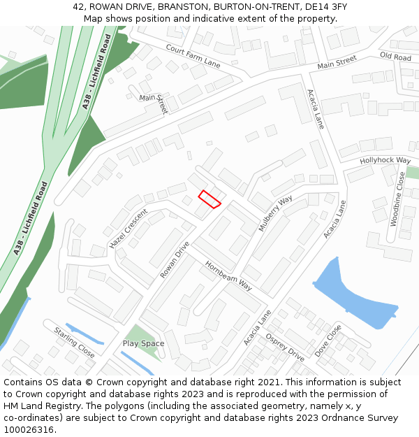 42, ROWAN DRIVE, BRANSTON, BURTON-ON-TRENT, DE14 3FY: Location map and indicative extent of plot