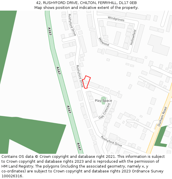 42, RUSHYFORD DRIVE, CHILTON, FERRYHILL, DL17 0EB: Location map and indicative extent of plot