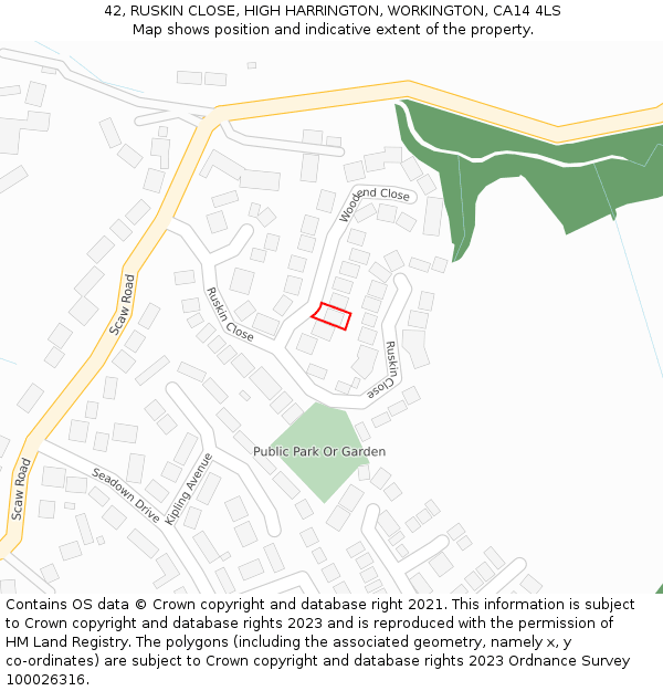 42, RUSKIN CLOSE, HIGH HARRINGTON, WORKINGTON, CA14 4LS: Location map and indicative extent of plot