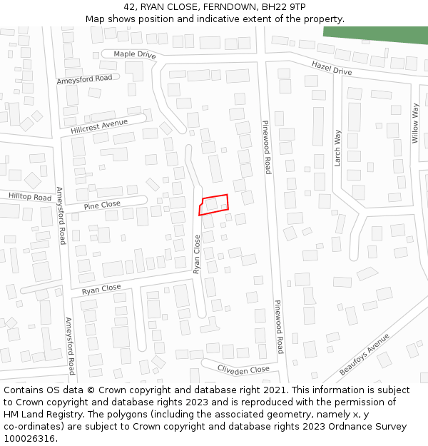 42, RYAN CLOSE, FERNDOWN, BH22 9TP: Location map and indicative extent of plot