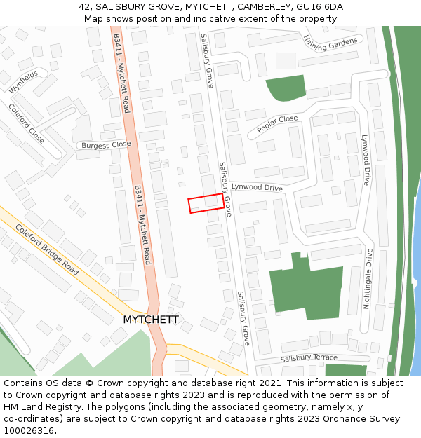 42, SALISBURY GROVE, MYTCHETT, CAMBERLEY, GU16 6DA: Location map and indicative extent of plot