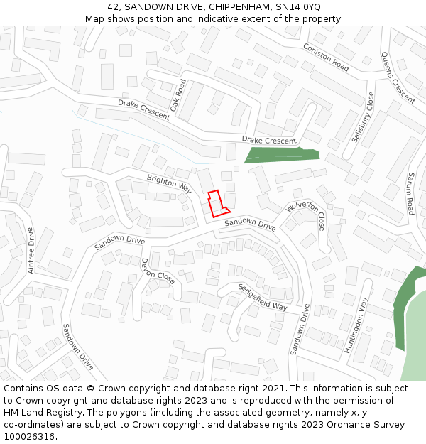 42, SANDOWN DRIVE, CHIPPENHAM, SN14 0YQ: Location map and indicative extent of plot