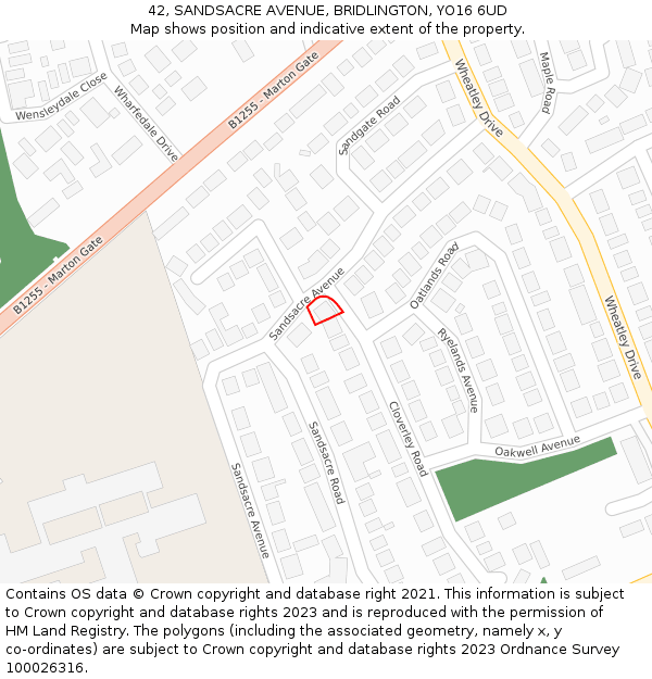 42, SANDSACRE AVENUE, BRIDLINGTON, YO16 6UD: Location map and indicative extent of plot