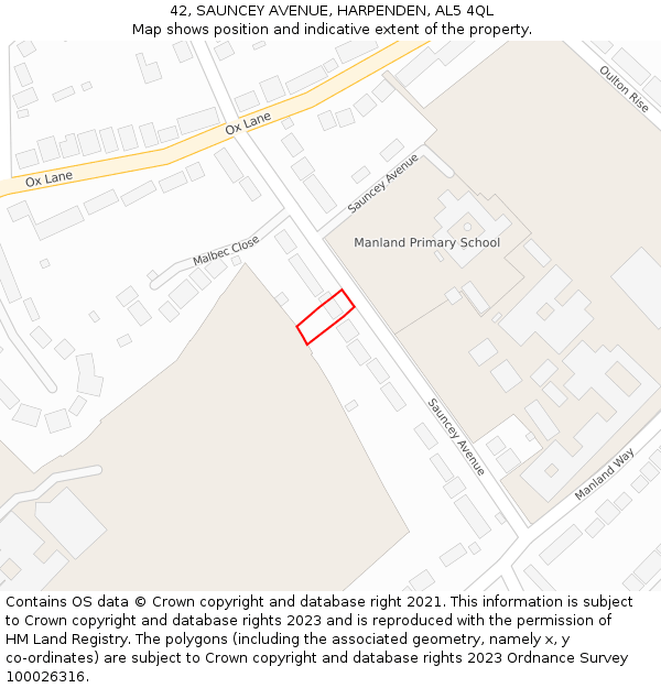 42, SAUNCEY AVENUE, HARPENDEN, AL5 4QL: Location map and indicative extent of plot