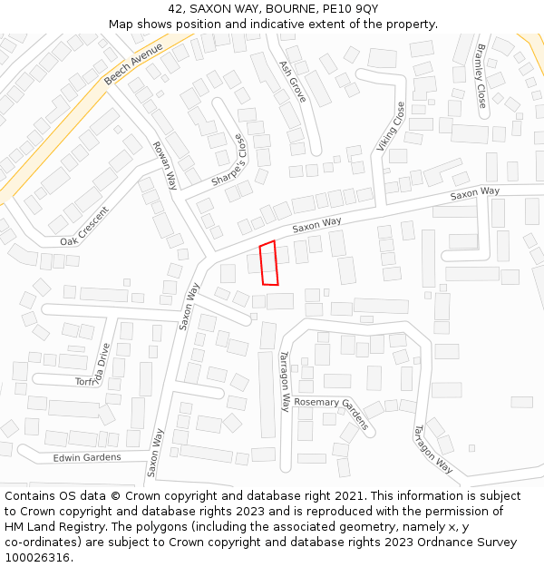 42, SAXON WAY, BOURNE, PE10 9QY: Location map and indicative extent of plot