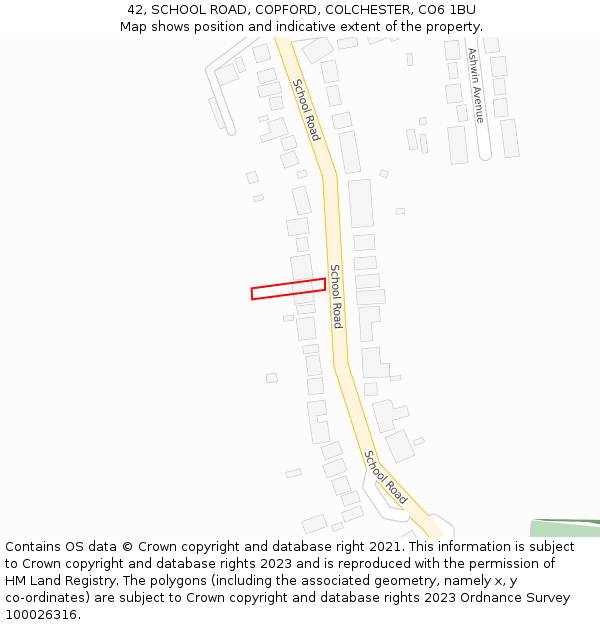 42, SCHOOL ROAD, COPFORD, COLCHESTER, CO6 1BU: Location map and indicative extent of plot