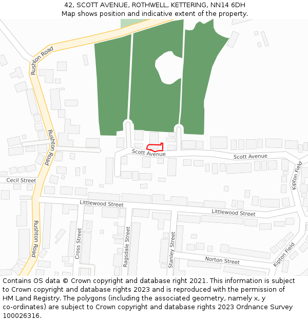 42, SCOTT AVENUE, ROTHWELL, KETTERING, NN14 6DH: Location map and indicative extent of plot