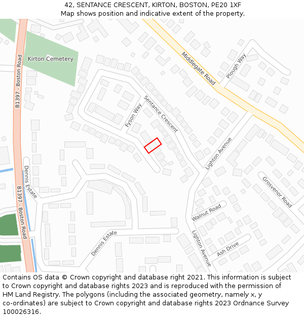42, SENTANCE CRESCENT, KIRTON, BOSTON, PE20 1XF: Location map and indicative extent of plot