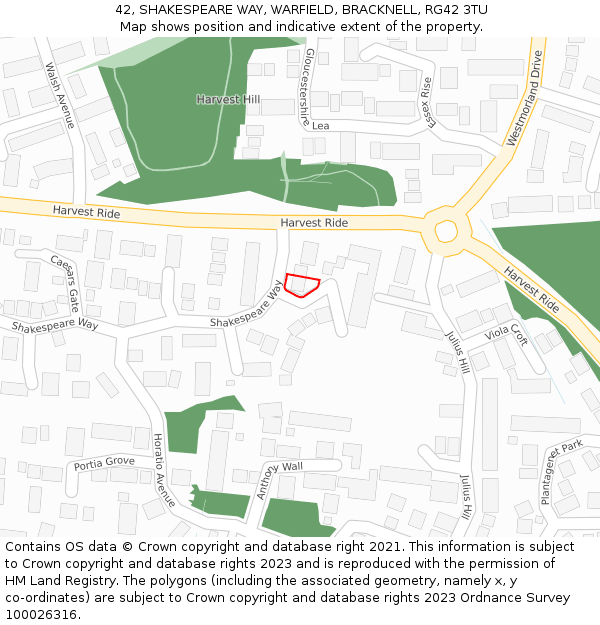 42, SHAKESPEARE WAY, WARFIELD, BRACKNELL, RG42 3TU: Location map and indicative extent of plot