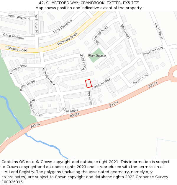 42, SHAREFORD WAY, CRANBROOK, EXETER, EX5 7EZ: Location map and indicative extent of plot