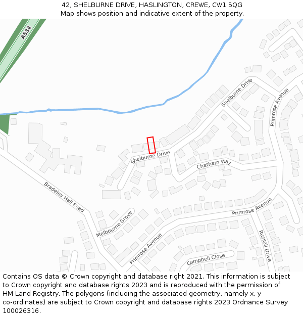 42, SHELBURNE DRIVE, HASLINGTON, CREWE, CW1 5QG: Location map and indicative extent of plot