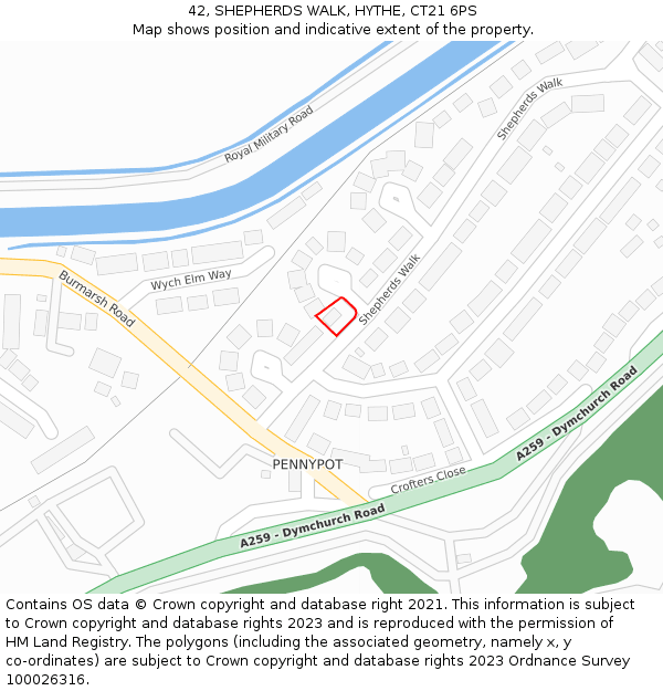 42, SHEPHERDS WALK, HYTHE, CT21 6PS: Location map and indicative extent of plot