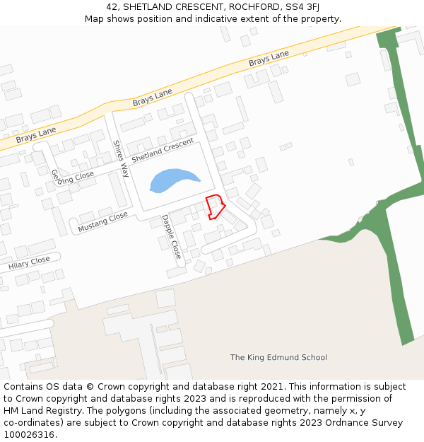 42, SHETLAND CRESCENT, ROCHFORD, SS4 3FJ: Location map and indicative extent of plot