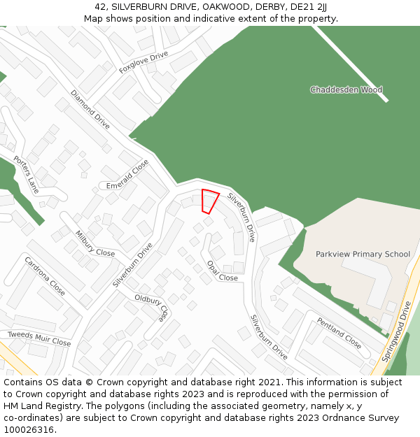 42, SILVERBURN DRIVE, OAKWOOD, DERBY, DE21 2JJ: Location map and indicative extent of plot