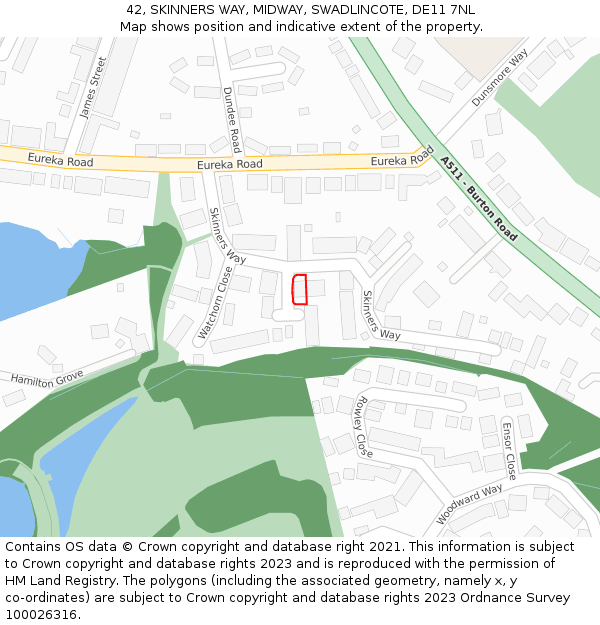 42, SKINNERS WAY, MIDWAY, SWADLINCOTE, DE11 7NL: Location map and indicative extent of plot