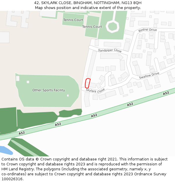 42, SKYLARK CLOSE, BINGHAM, NOTTINGHAM, NG13 8QH: Location map and indicative extent of plot