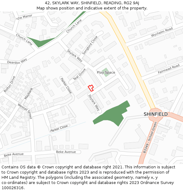 42, SKYLARK WAY, SHINFIELD, READING, RG2 9AJ: Location map and indicative extent of plot