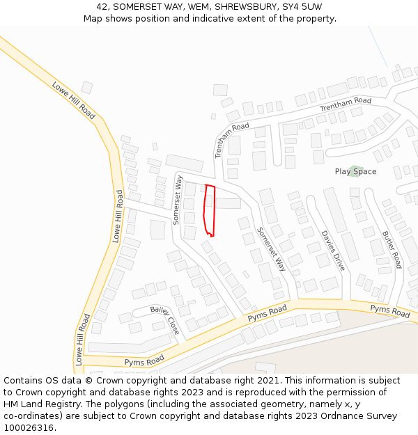 42, SOMERSET WAY, WEM, SHREWSBURY, SY4 5UW: Location map and indicative extent of plot