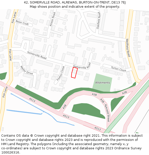 42, SOMERVILLE ROAD, ALREWAS, BURTON-ON-TRENT, DE13 7EJ: Location map and indicative extent of plot