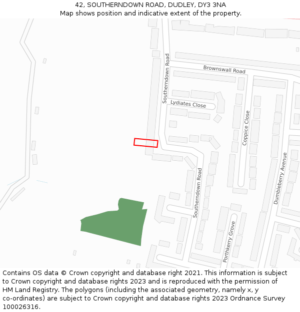 42, SOUTHERNDOWN ROAD, DUDLEY, DY3 3NA: Location map and indicative extent of plot