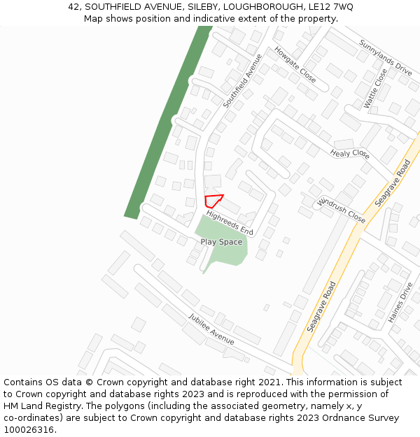 42, SOUTHFIELD AVENUE, SILEBY, LOUGHBOROUGH, LE12 7WQ: Location map and indicative extent of plot