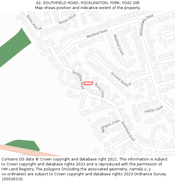 42, SOUTHFIELD ROAD, POCKLINGTON, YORK, YO42 2XE: Location map and indicative extent of plot