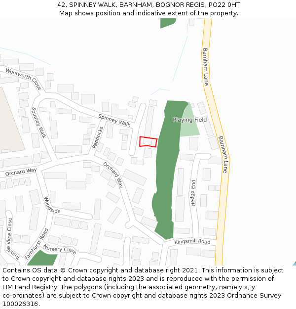 42, SPINNEY WALK, BARNHAM, BOGNOR REGIS, PO22 0HT: Location map and indicative extent of plot