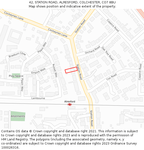 42, STATION ROAD, ALRESFORD, COLCHESTER, CO7 8BU: Location map and indicative extent of plot