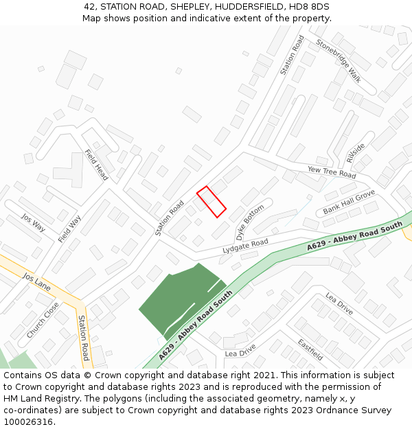 42, STATION ROAD, SHEPLEY, HUDDERSFIELD, HD8 8DS: Location map and indicative extent of plot