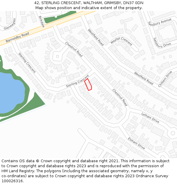 42, STERLING CRESCENT, WALTHAM, GRIMSBY, DN37 0DN: Location map and indicative extent of plot