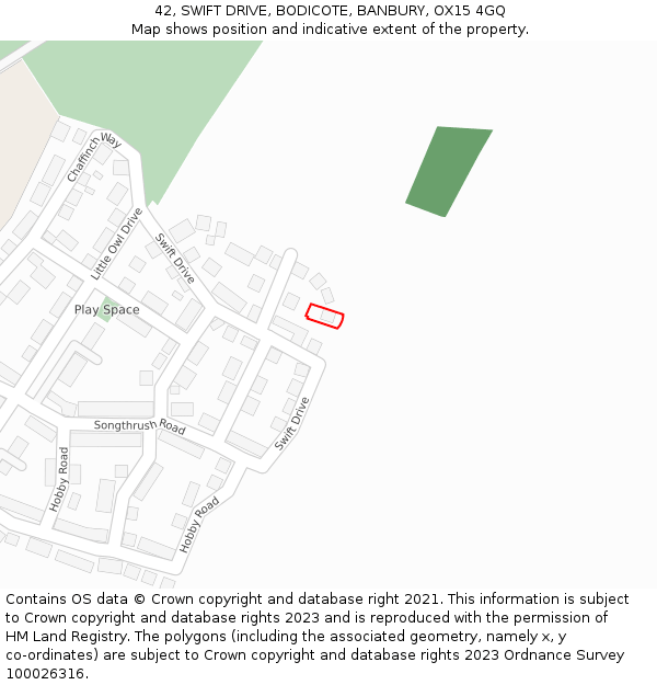 42, SWIFT DRIVE, BODICOTE, BANBURY, OX15 4GQ: Location map and indicative extent of plot