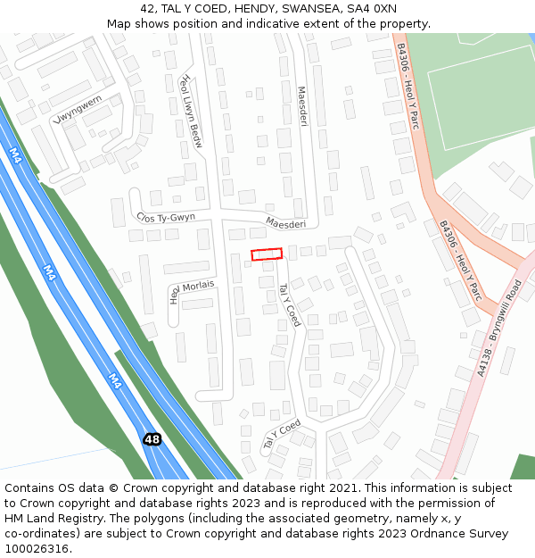 42, TAL Y COED, HENDY, SWANSEA, SA4 0XN: Location map and indicative extent of plot