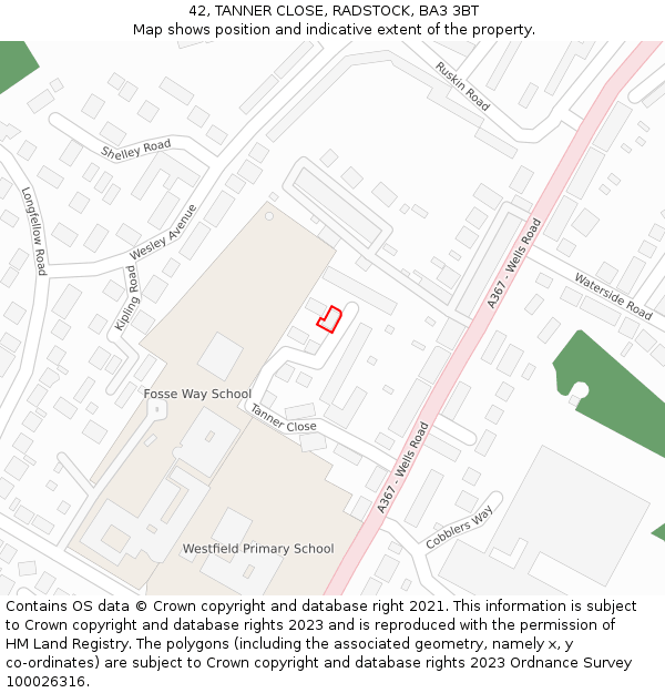 42, TANNER CLOSE, RADSTOCK, BA3 3BT: Location map and indicative extent of plot