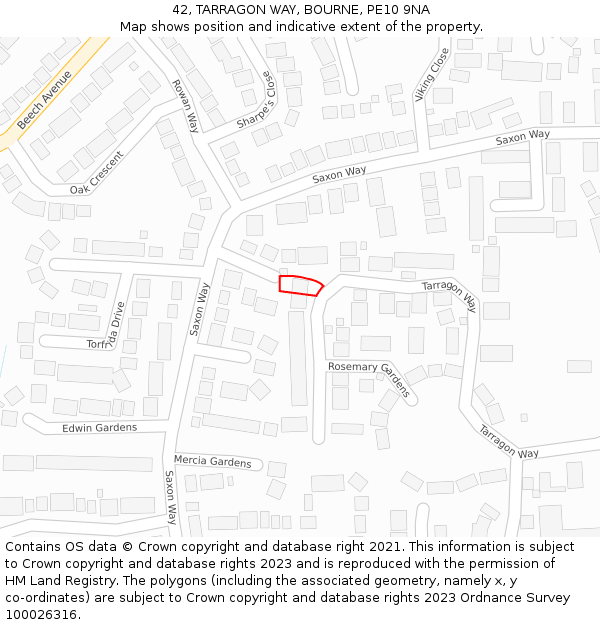 42, TARRAGON WAY, BOURNE, PE10 9NA: Location map and indicative extent of plot