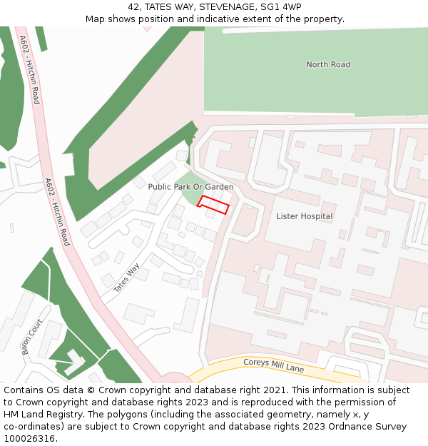 42, TATES WAY, STEVENAGE, SG1 4WP: Location map and indicative extent of plot