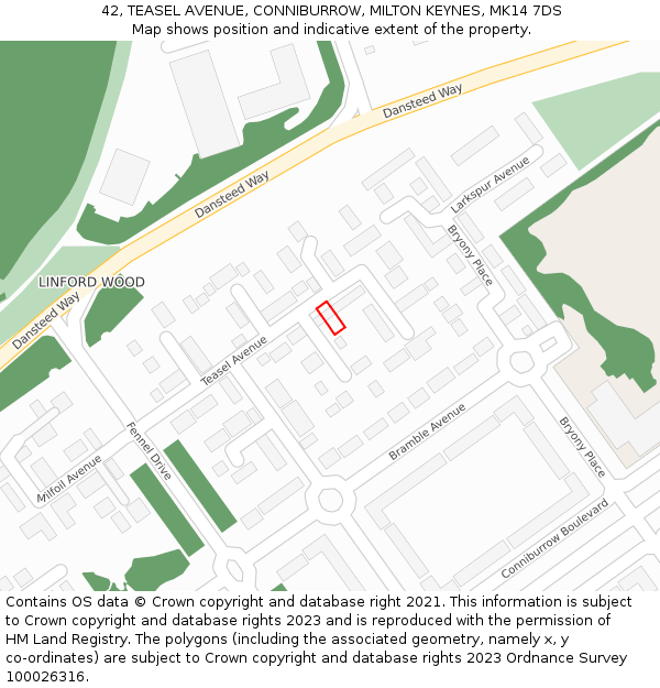 42, TEASEL AVENUE, CONNIBURROW, MILTON KEYNES, MK14 7DS: Location map and indicative extent of plot