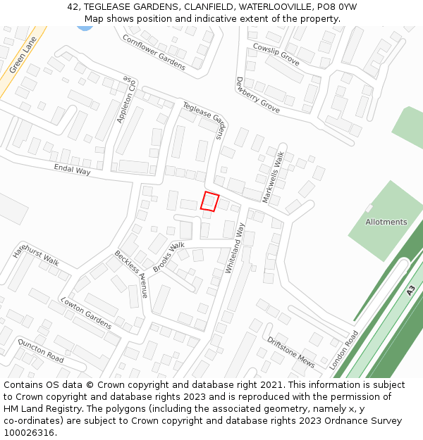 42, TEGLEASE GARDENS, CLANFIELD, WATERLOOVILLE, PO8 0YW: Location map and indicative extent of plot