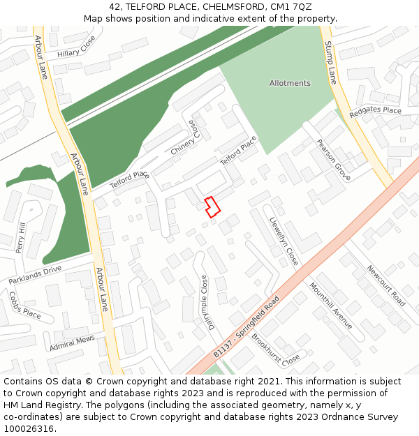 42, TELFORD PLACE, CHELMSFORD, CM1 7QZ: Location map and indicative extent of plot