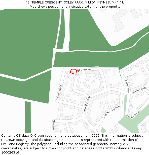 42, TEMPLE CRESCENT, OXLEY PARK, MILTON KEYNES, MK4 4JL: Location map and indicative extent of plot